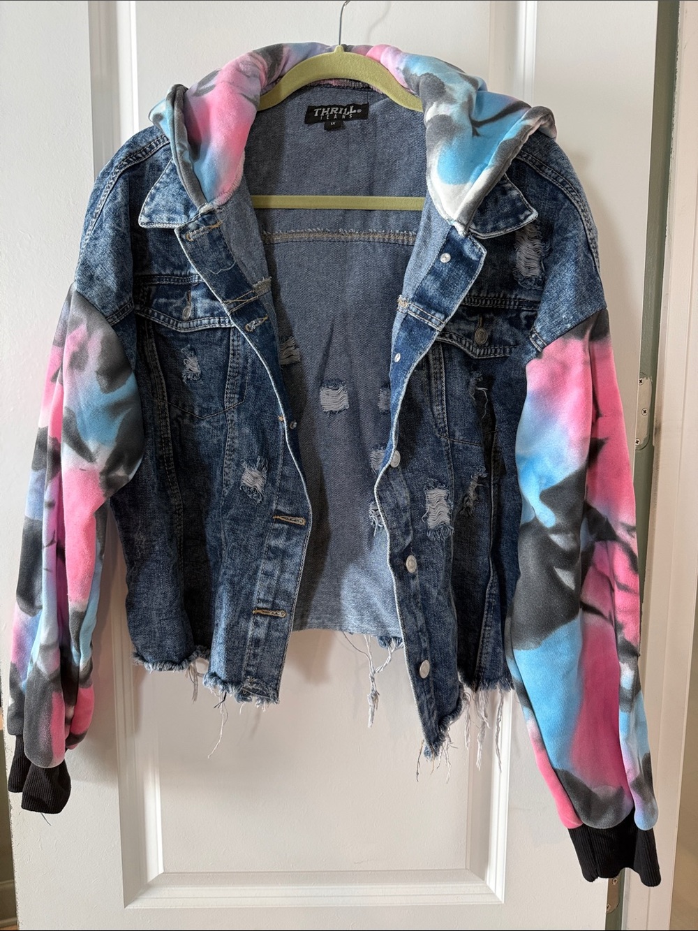 Thrill Distressed Denim Jacket with Pink & Blue Tie-Dye Hoodie Sleeves